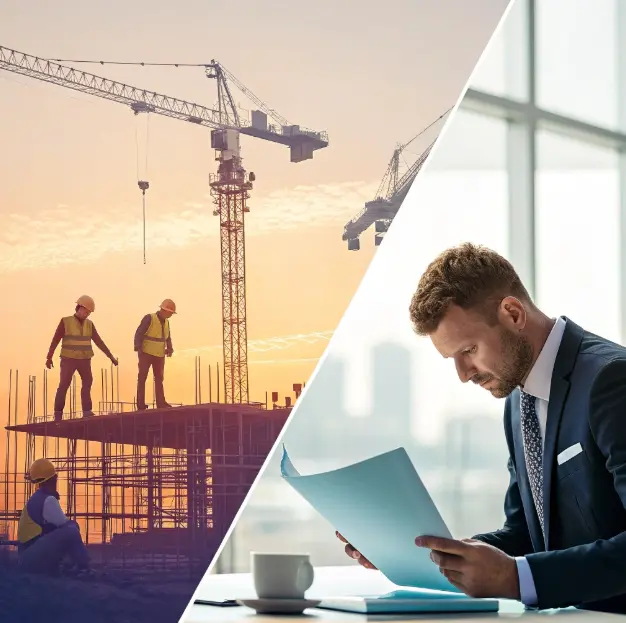 Professional reviewing project files beside a glowing U.S. map, symbolizing multi‑state performance bond programs and ongoing capacity. Clean, corporate, no text.