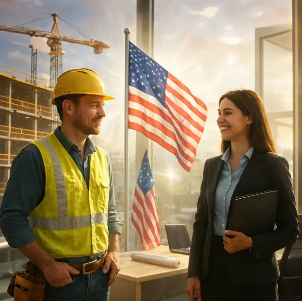 Modern office scene with a contractor studying documents over a map showing multiple states, representing account‑based bonding. Bright, trustworthy, no text.