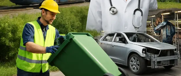 Collage of logistics, finance, energy, healthcare, government, environmental, and auto industries representing multi‑state performance bond users.